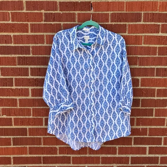 Chicos blue white patterned button up shirt blouse linen size 3 Large - Picture 6 of 6